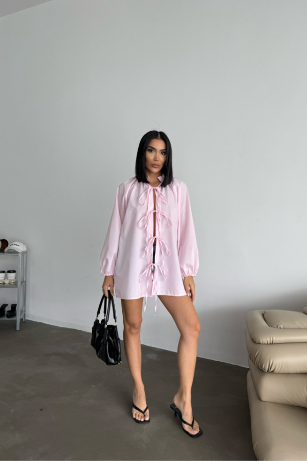 GÖMLEK POPLİN HAKİM YAKA ÖNDEN BAĞLAMA İP DETAYLI - Pembe - 1