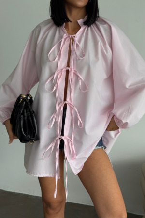 GÖMLEK POPLİN HAKİM YAKA ÖNDEN BAĞLAMA İP DETAYLI - Pembe - ANGELINO BuyukBedeniz (1)