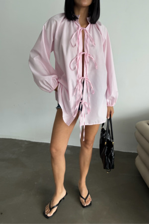 GÖMLEK POPLİN HAKİM YAKA ÖNDEN BAĞLAMA İP DETAYLI - Pembe - 3