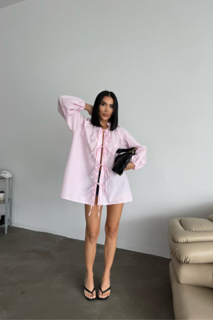 GÖMLEK POPLİN HAKİM YAKA ÖNDEN BAĞLAMA İP DETAYLI - Pembe - 4