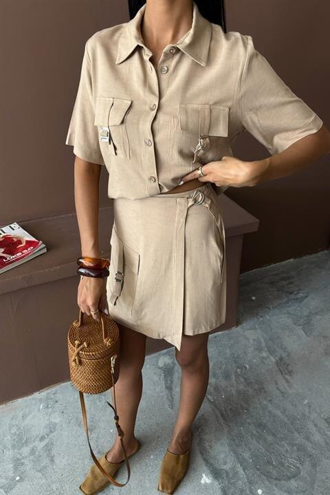 Gömlek Şort Etek Viscon Keten Takım 10162 - 4