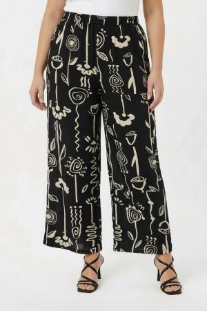 Grafik Desenli Kadın Büyük Beden Pantolon Siyah - RMG