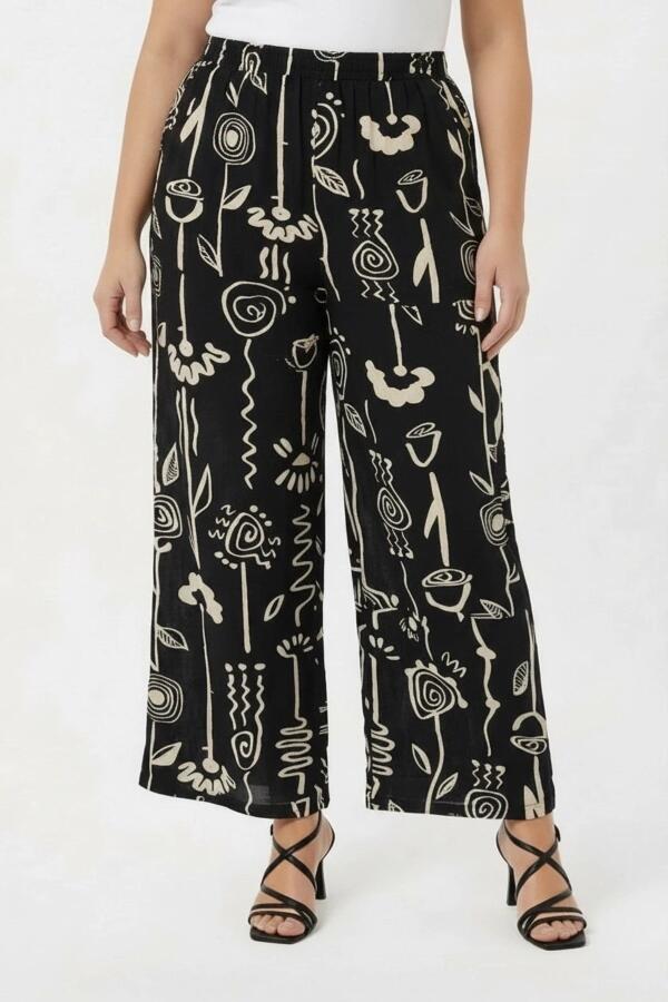 Grafik Desenli Kadın Büyük Beden Pantolon Siyah - 1