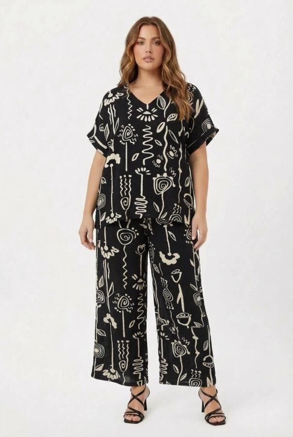 Grafik Desenli Kadın Büyük Beden Pantolon Siyah - 4