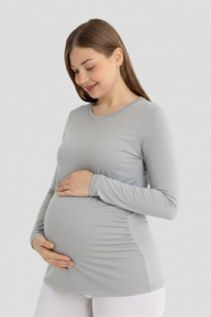 Gri Uzun Kollu Hamile Tişört Pamuklu Likralı Yumuşak ve Esnek Kumaş - Angelino