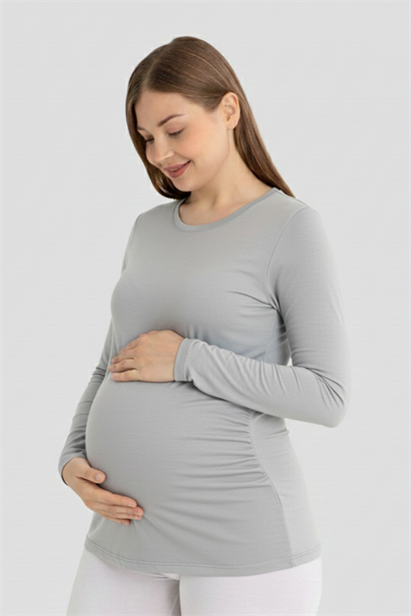 Gri Uzun Kollu Hamile Tişört Pamuklu Likralı Yumuşak ve Esnek Kumaş - 1