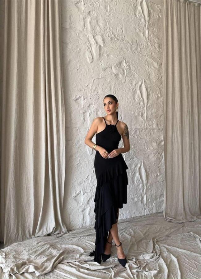 GÜLLÜ ELBİSE ASİMETRİK KATLI - Siyah - 4