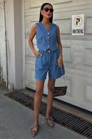 Gümüş Düğmeli Yelek Ve Şort Tensel Takım 10174 - ANGELINO BuyukBedeniz