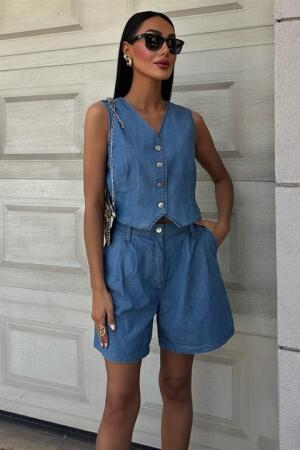 Gümüş Düğmeli Yelek Ve Şort Tensel Takım 10174 - ANGELINO BuyukBedeniz (1)