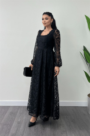 Güpür Dantel Kumaş Kare Yaka Elbise - SİYAH - Angelino Moda