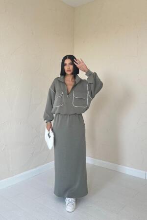 Haki Biyeli Sweatshirt Ve Etek Takım - ANGELINO BuyukBedeniz