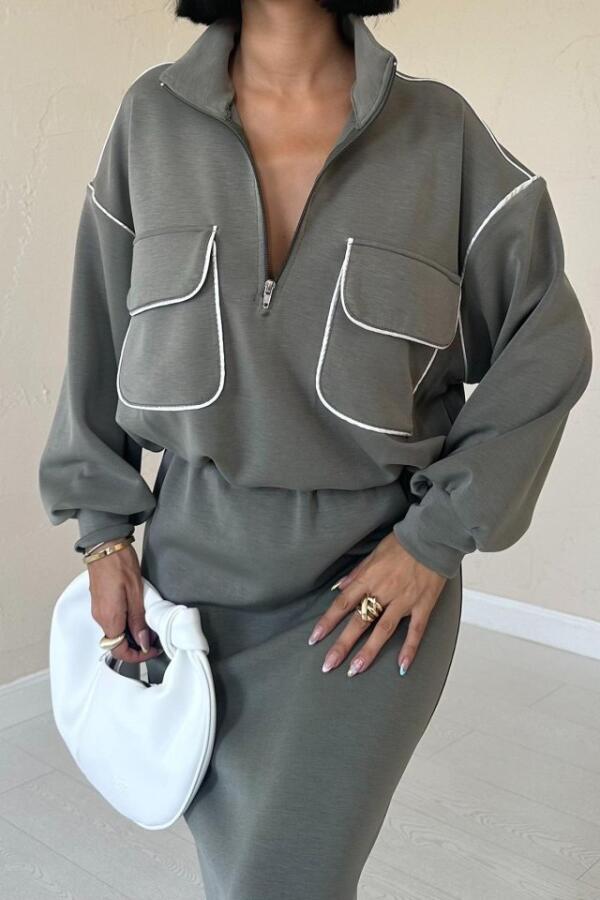 Haki Biyeli Sweatshirt Ve Etek Takım - 3