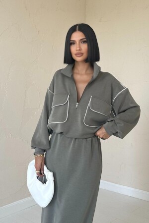 Haki Biyeli Sweatshirt Ve Etek Takım - 2