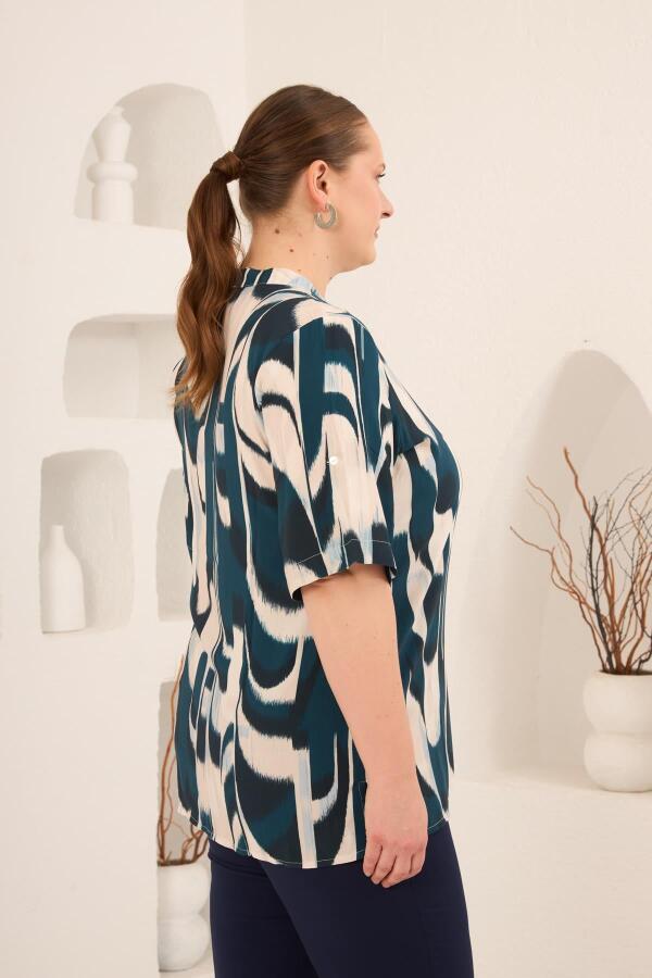 Hakim Yaka Büyük Beden Desenli Bluz Petrol - 2