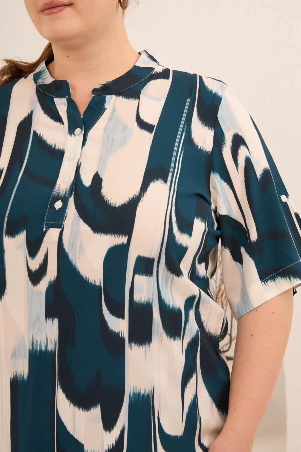 Hakim Yaka Büyük Beden Desenli Bluz Petrol - 4