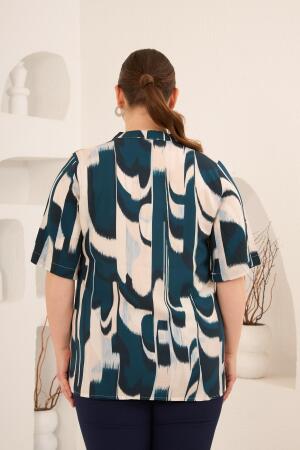 Hakim Yaka Büyük Beden Desenli Bluz Petrol - 5