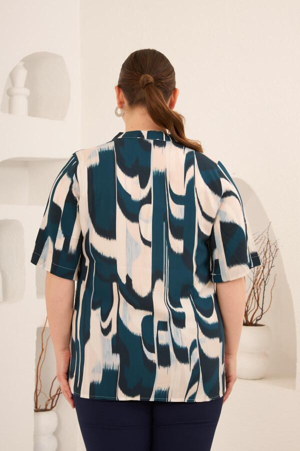Hakim Yaka Büyük Beden Desenli Bluz Petrol - 5