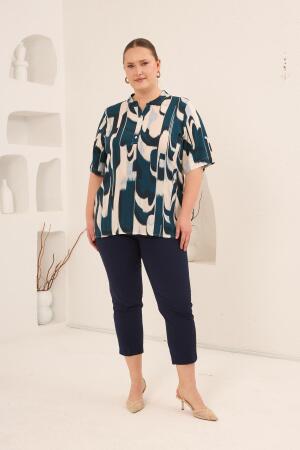 Hakim Yaka Büyük Beden Desenli Bluz Petrol - 6