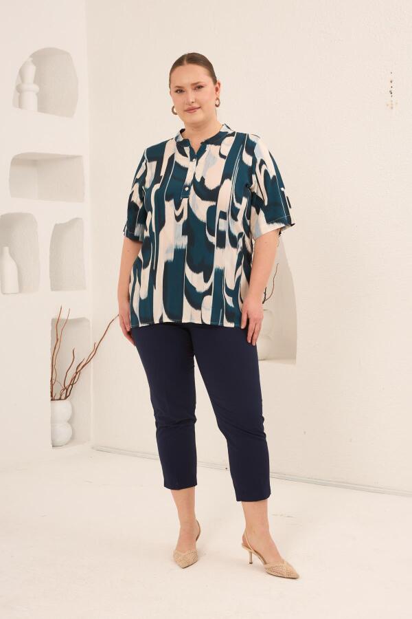 Hakim Yaka Büyük Beden Desenli Bluz Petrol - 6