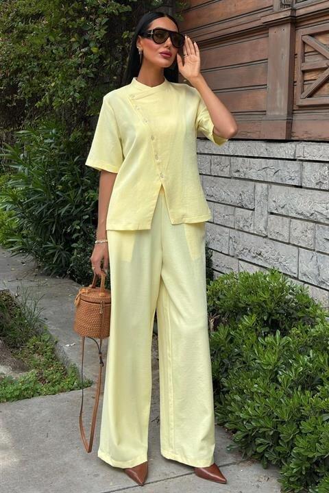 Hakim Yaka Çapraz Düğmeli Plazzo Pantolon Viscon Keten Takım 10209 - 1