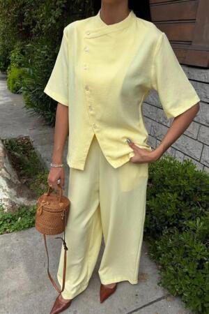 Hakim Yaka Çapraz Düğmeli Plazzo Pantolon Viscon Keten Takım 10209 - 3