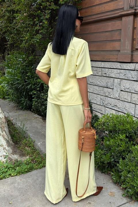 Hakim Yaka Çapraz Düğmeli Plazzo Pantolon Viscon Keten Takım 10209 - 4