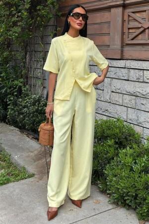Hakim Yaka Çapraz Düğmeli Plazzo Pantolon Viscon Keten Takım 10209 - 5