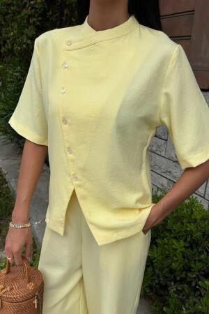 Hakim Yaka Çapraz Düğmeli Plazzo Pantolon Viscon Keten Takım 10209 - 8