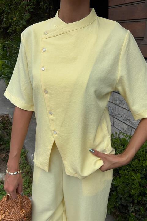 Hakim Yaka Çapraz Düğmeli Plazzo Pantolon Viscon Keten Takım 10209 - 9