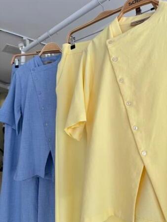 Hakim Yaka Çapraz Düğmeli Plazzo Pantolon Viscon Keten Takım 10209 - 12