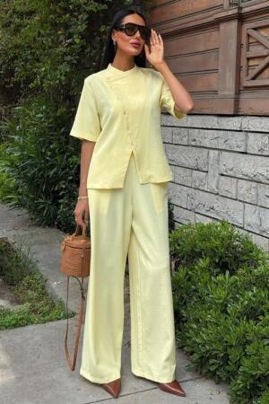 Hakim Yaka Çapraz Düğmeli Plazzo Pantolon Viscon Keten Takım 10209 - ANGELINO BuyukBedeniz