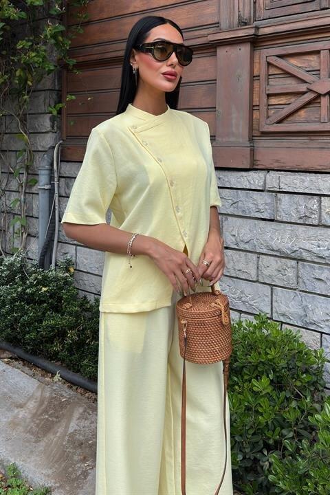 Hakim Yaka Çapraz Düğmeli Plazzo Pantolon Viscon Keten Takım 10209 - 2