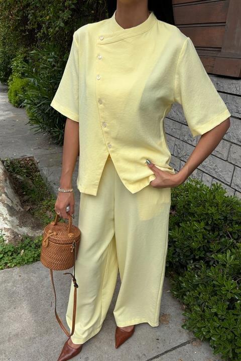 Hakim Yaka Çapraz Düğmeli Plazzo Pantolon Viscon Keten Takım 10209 - 3