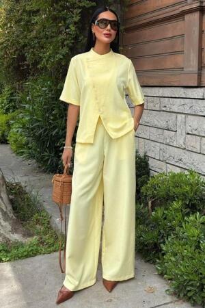 Hakim Yaka Çapraz Düğmeli Plazzo Pantolon Viscon Keten Takım 10209 - 6
