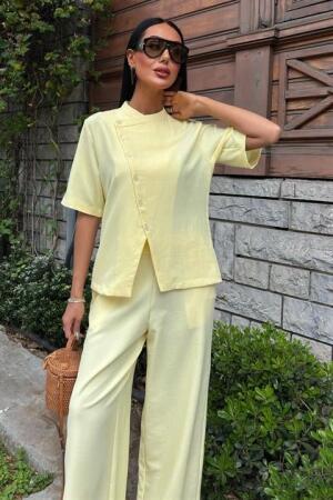 Hakim Yaka Çapraz Düğmeli Plazzo Pantolon Viscon Keten Takım 10209 - 7
