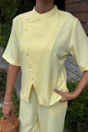 Hakim Yaka Çapraz Düğmeli Plazzo Pantolon Viscon Keten Takım 10209 - 9