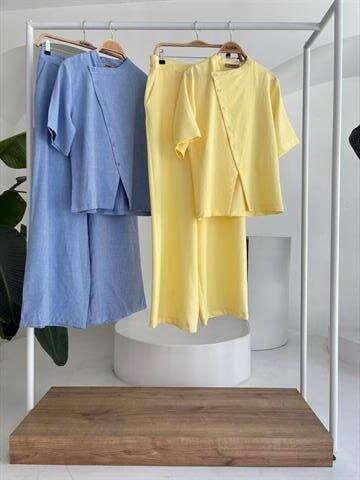 Hakim Yaka Çapraz Düğmeli Plazzo Pantolon Viscon Keten Takım 10209 - 10