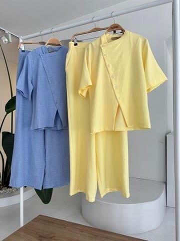 Hakim Yaka Çapraz Düğmeli Plazzo Pantolon Viscon Keten Takım 10209 - 11