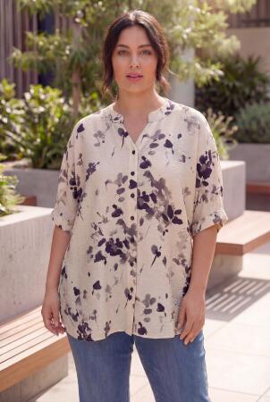 Hakim Yaka Desenli Büyük Beden Gömlek Bej - RMG