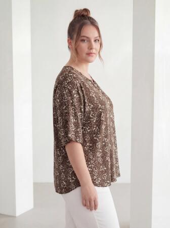 Hakim Yaka Kısa Kol Büyük Beden Gömlek Kahve - RMG (1)