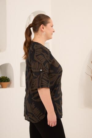 Hakim Yaka Yaprak Desenli Kadın Büyük Beden Gömlek Haki - 3