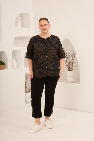 Hakim Yaka Yaprak Desenli Kadın Büyük Beden Gömlek Haki - 5