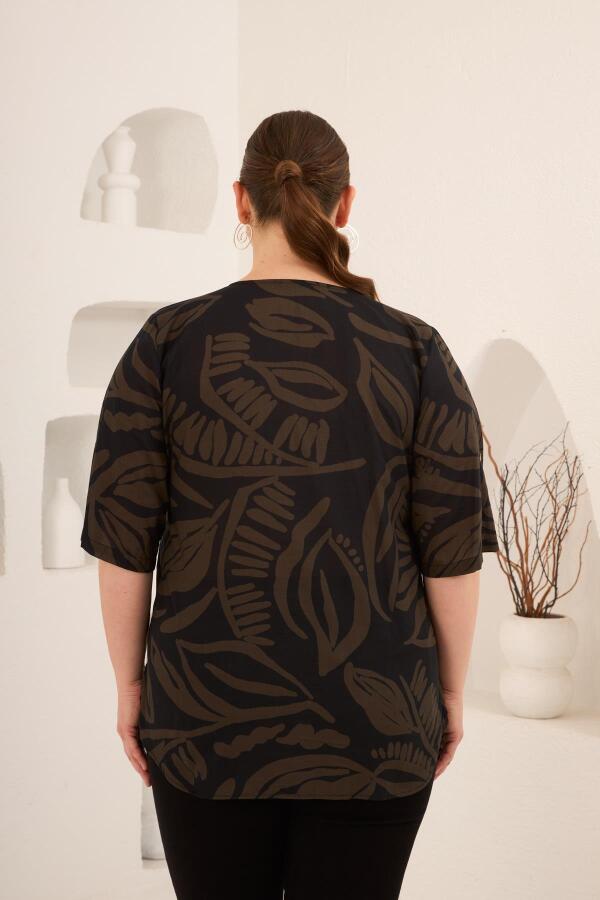 Hakim Yaka Yaprak Desenli Kadın Büyük Beden Gömlek Haki - 6