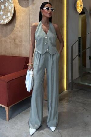 Halter Yaka Yelekli Modal Takım 10144 - ANGELINO BuyukBedeniz