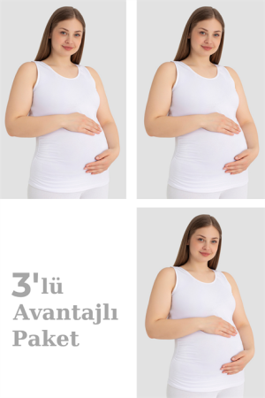 Hamile Atlet Kalın Askılı Pamuklu Likralı Esnek Beyaz 3'lü Paket - Arma Yıldız