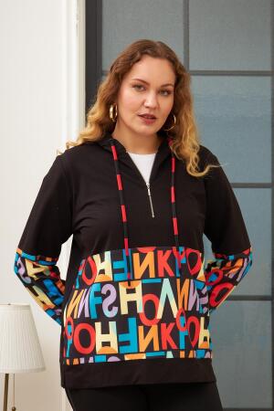 Harf Baskılı Büyük Beden Siyah Sweatshirt - 1