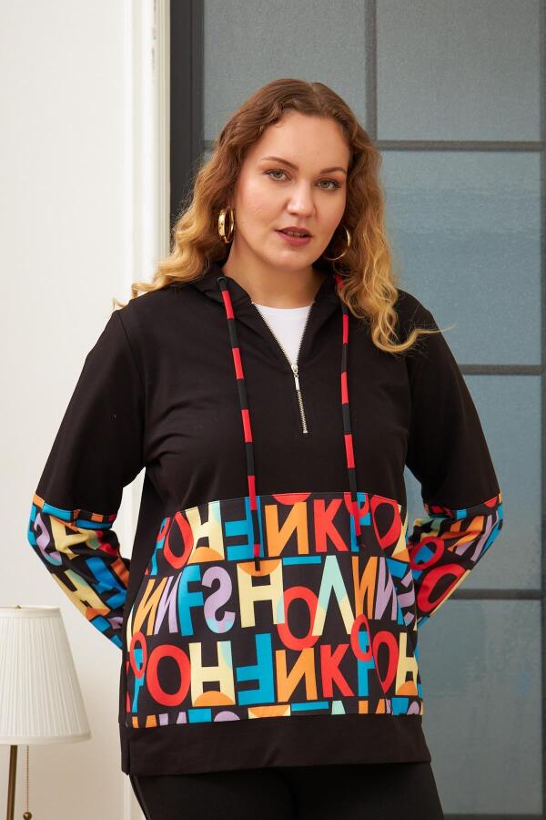 Harf Baskılı Büyük Beden Siyah Sweatshirt - 1