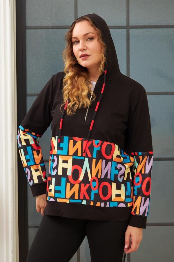 Harf Baskılı Büyük Beden Siyah Sweatshirt - 3