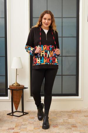 Harf Baskılı Büyük Beden Siyah Sweatshirt - 5