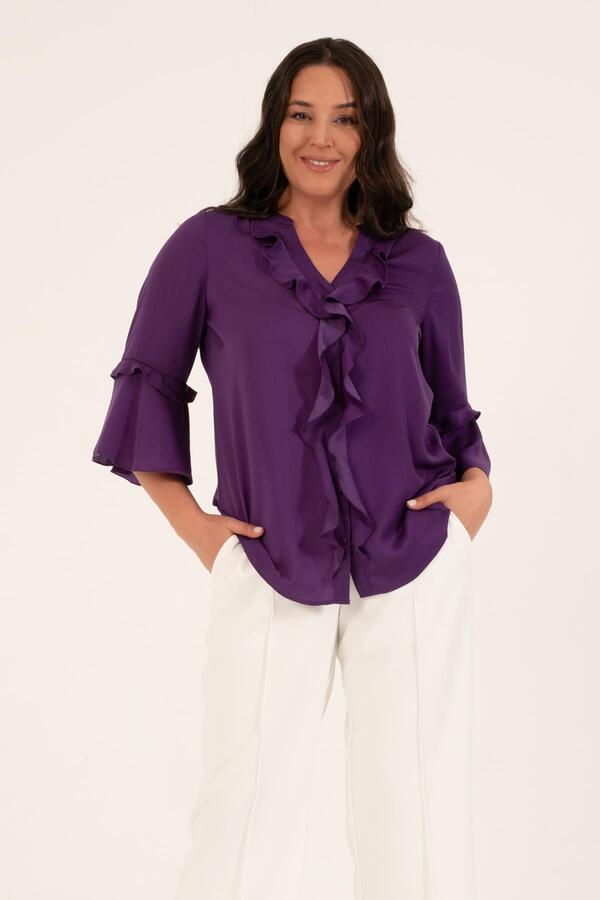 Blouse with Frilled Front and Flounce Sleeves - 1